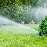 Pop-up rotor-type sprinklers watering a large grassy area